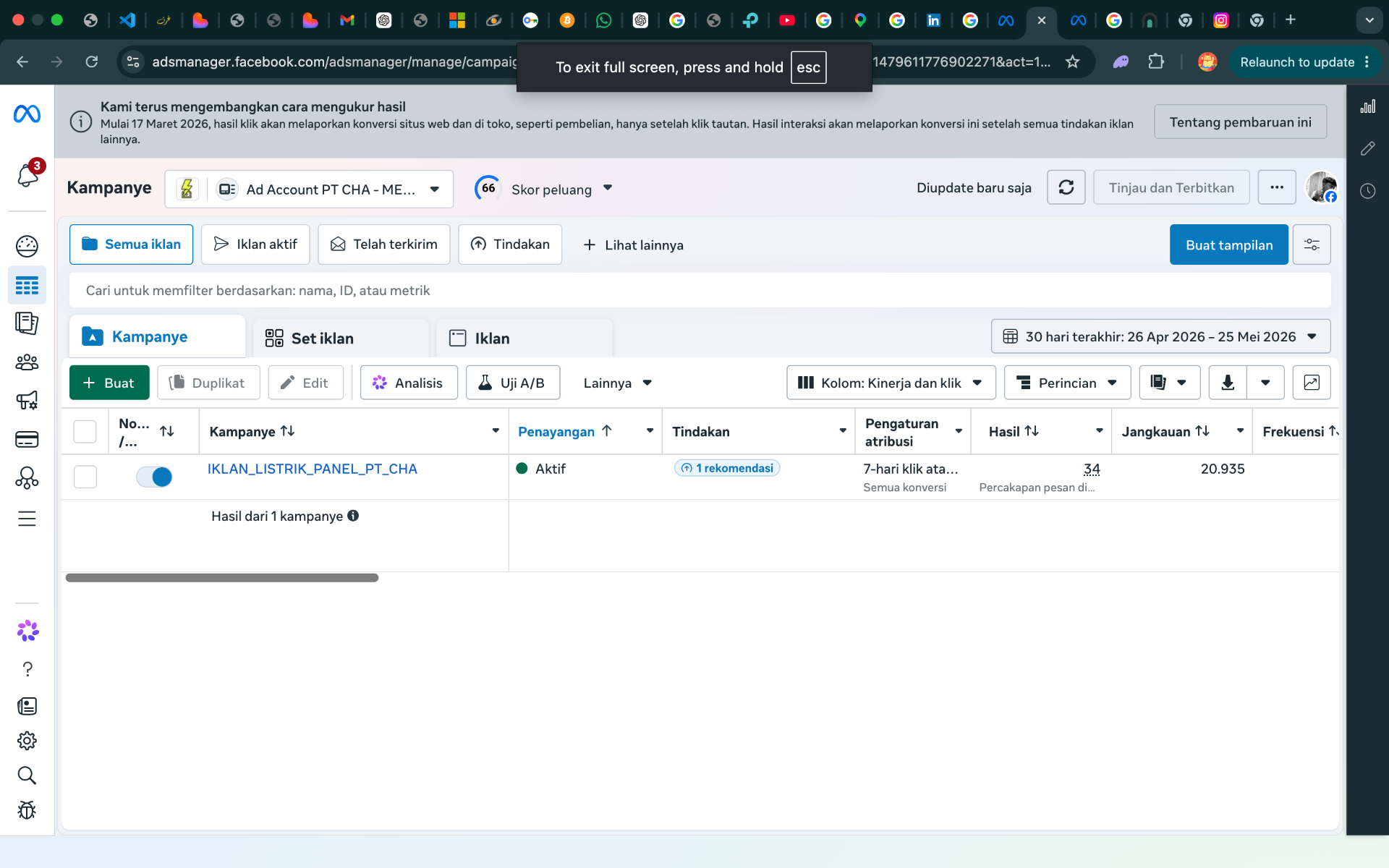 Screenshot Meta Ads Manager — Kampanye Listrik Panel — PT CHA