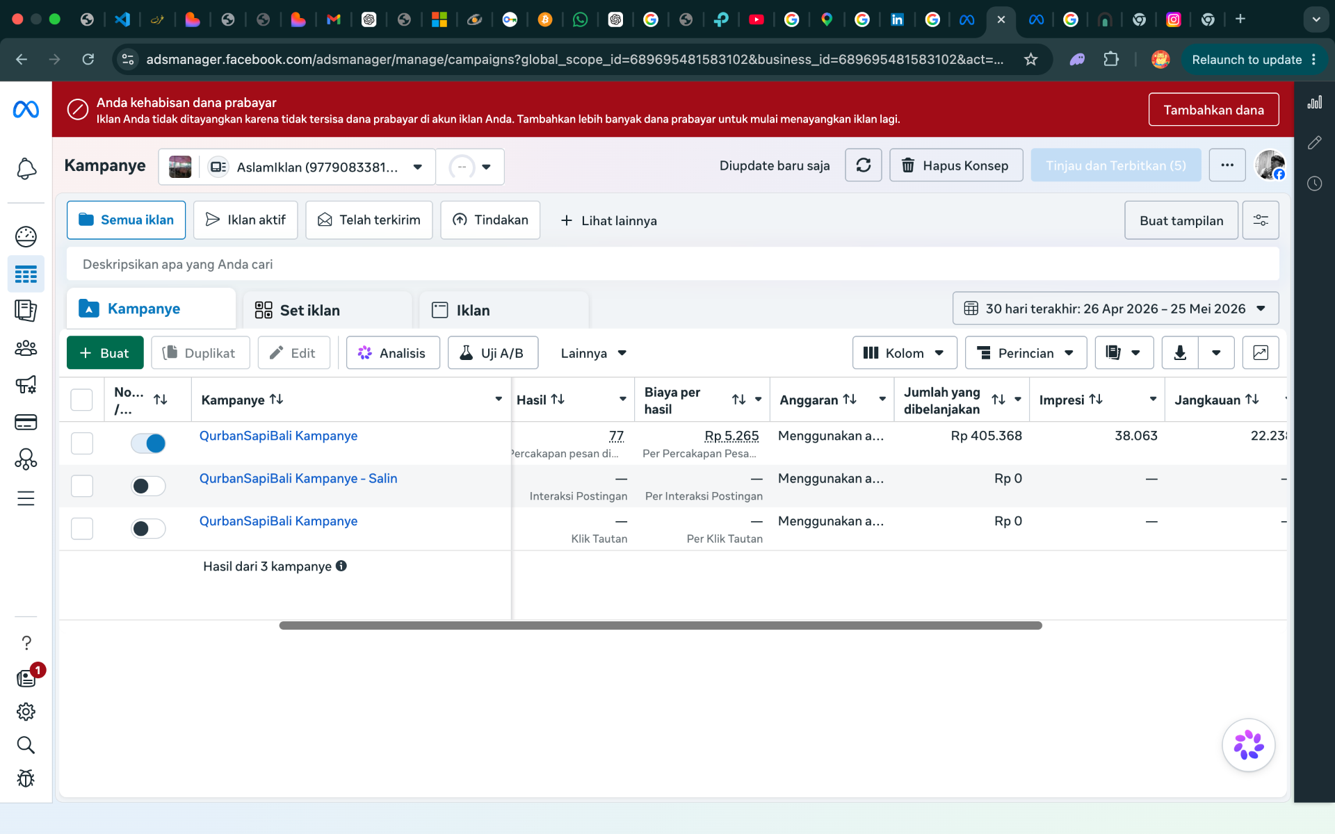 Screenshot Meta Ads Manager — Qurban Sapi Bali